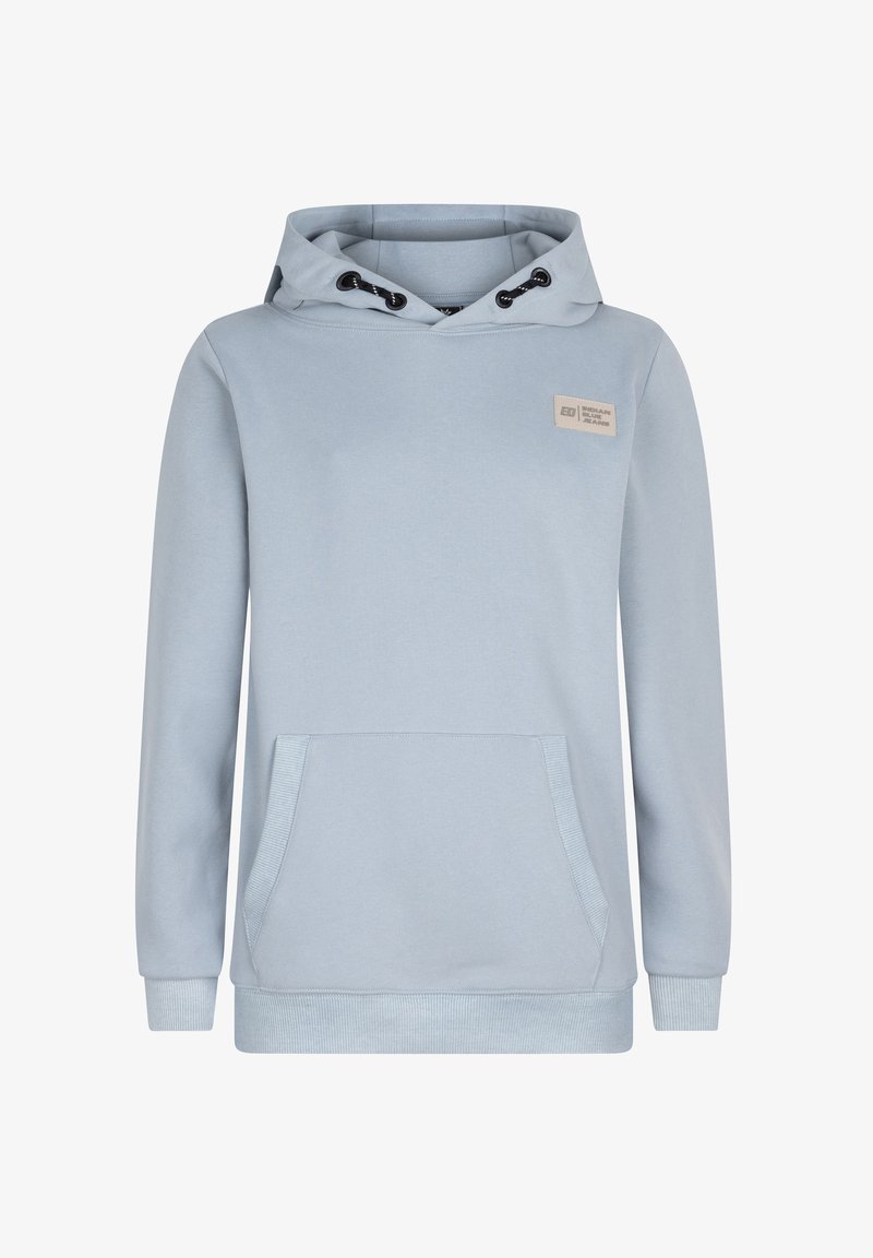 Lichtblauwe hoodie met een kangoeroezak, capuchon met trekkoord en geribde manchetten. Bevat een klein stoffen label op de bovenste linkerborst.