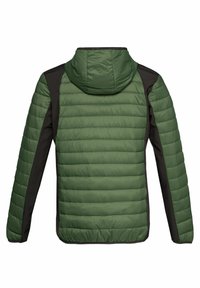 Giacca isolata verde con un bordo inferiore nero e maniche nere. Tessuto imbottito con cappuccio, caratterizzata da una schiena dritta e senza chiusure visibili.
