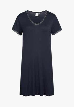 Navy blue short-sleeve nightdress with a V-neck, featuring lace trim along the neckline and sleeves, made of soft fabric for comfort.