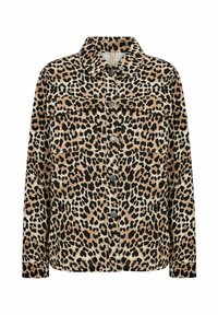 Leopard print shirt jacket in tan and black, featuring a classic collar, front button closure, and two chest pockets. Fabric appears soft.