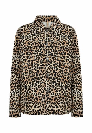 Veste chemise en imprimé léopard dans des tons beige et noir, avec un col classique, une fermeture à boutons sur le devant et deux poches poitrine. Le tissu semble doux.