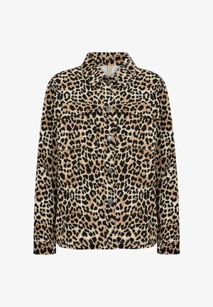 Leopard print shirt jacket in tan and black, featuring a classic collar, front button closure, and two chest pockets. Fabric appears soft.
