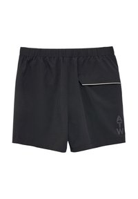 Czarne szorty wykonane z lekkiego materiału, z elastycznym pasem, boczną kieszenią z klapką oraz tekstem "ATW" w wypukłym wydruku.