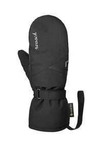 Schwarze isolierte Fäustlinge mit einer strukturierten Außenseite, verstärkten Nähten, verstellbarem Bündelriemen und einem GORE-TEX-Label am Handgelenk.