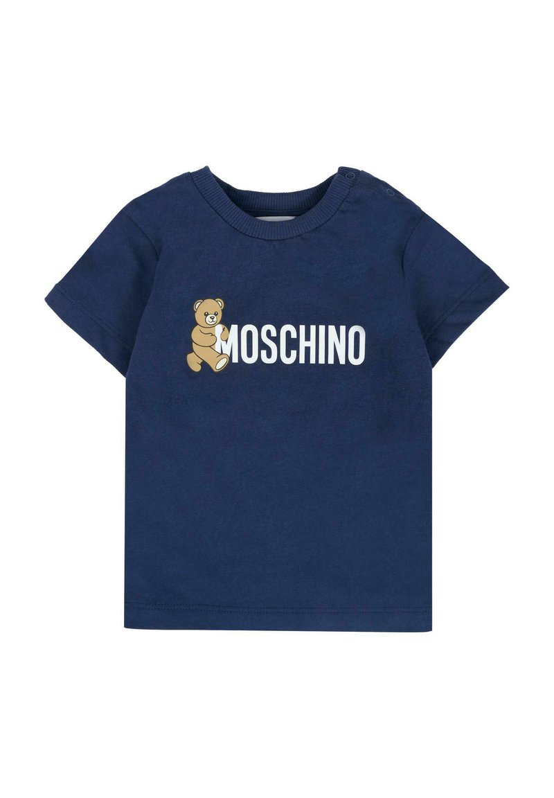 Granatowa koszulka z krótkim rękawem dla maluchów z grafika lwa i napisem "MOSCHINO" na piersi.