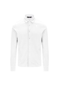 Camicia bianca a maniche lunghe realizzata in tessuto morbido, con colletto classico, apertura con bottoni e logo discreto sul petto.