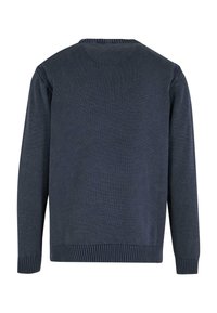Marineblauer Strickpullover mit Rundhalsausschnitt, langen Ärmeln, gerippten Bündchen und Saum. Verfügt über einen strukturierten Stoff mit glatter Oberfläche.