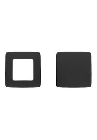 Twee rechthoekige zwarte framehoezen, waarvan er één een vierkante uitsparing heeft en de andere massief is. Gladde textuur, modern ontwerp, uniforme kleur.