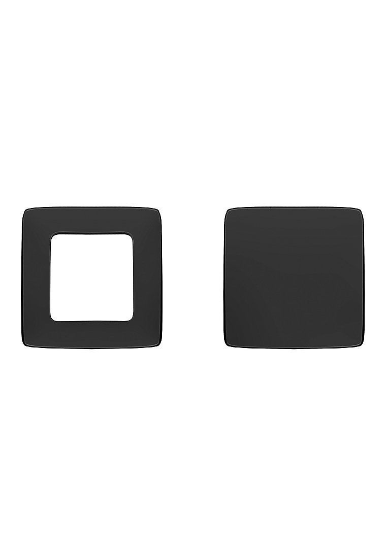 Twee rechthoekige zwarte framehoezen, waarvan er één een vierkante uitsparing heeft en de andere massief is. Gladde textuur, modern ontwerp, uniforme kleur.