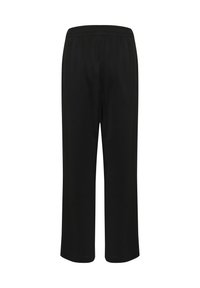 Pantaloni neri a gamba larga con una cintura elastica. Realizzati in un tessuto morbido, presentano una texture liscia e non hanno tasche visibili né decorazioni.