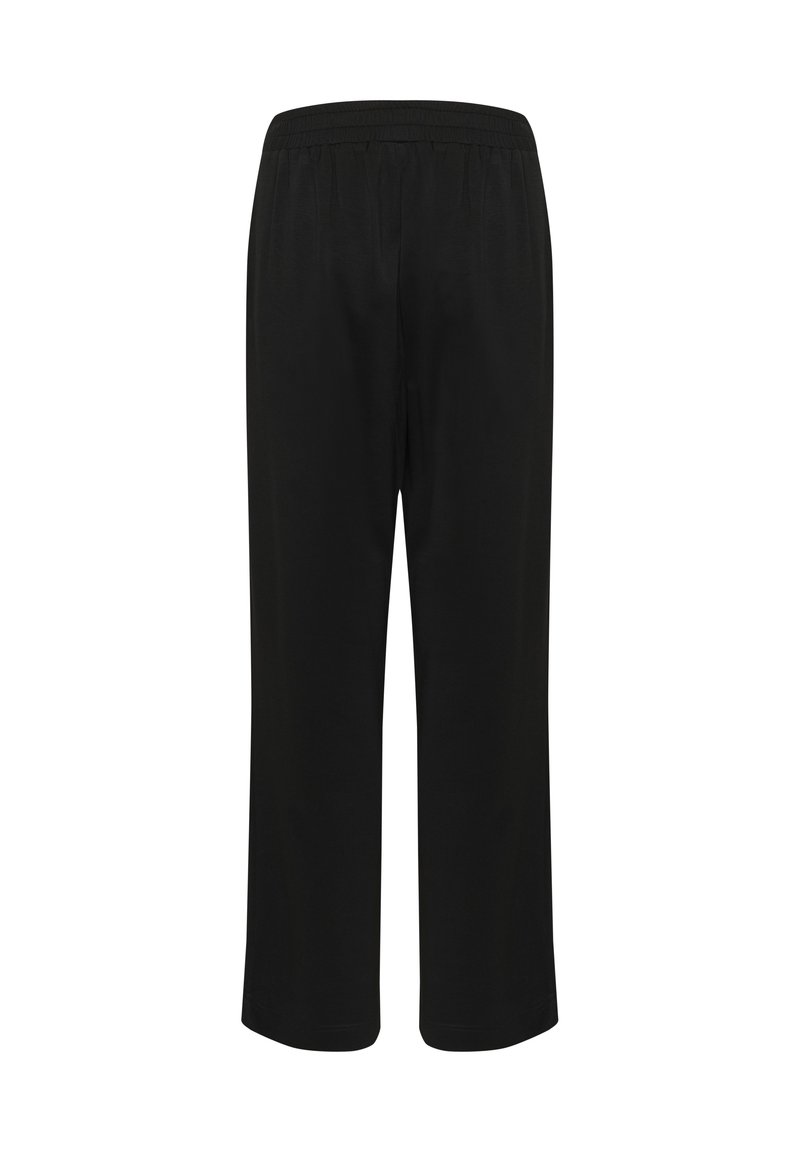 Schwarze, weit geschnittene Hosen mit elastischem Bund. Hergestellt aus weichem Stoff, mit einer glatten Textur und ohne sichtbare Taschen oder Verzierungen.