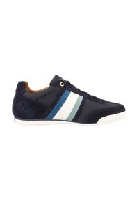Navy blue sneaker with mesh and suede materials, featuring three horizontal stripes in white and light blue, rubber sole, and subtle branding.