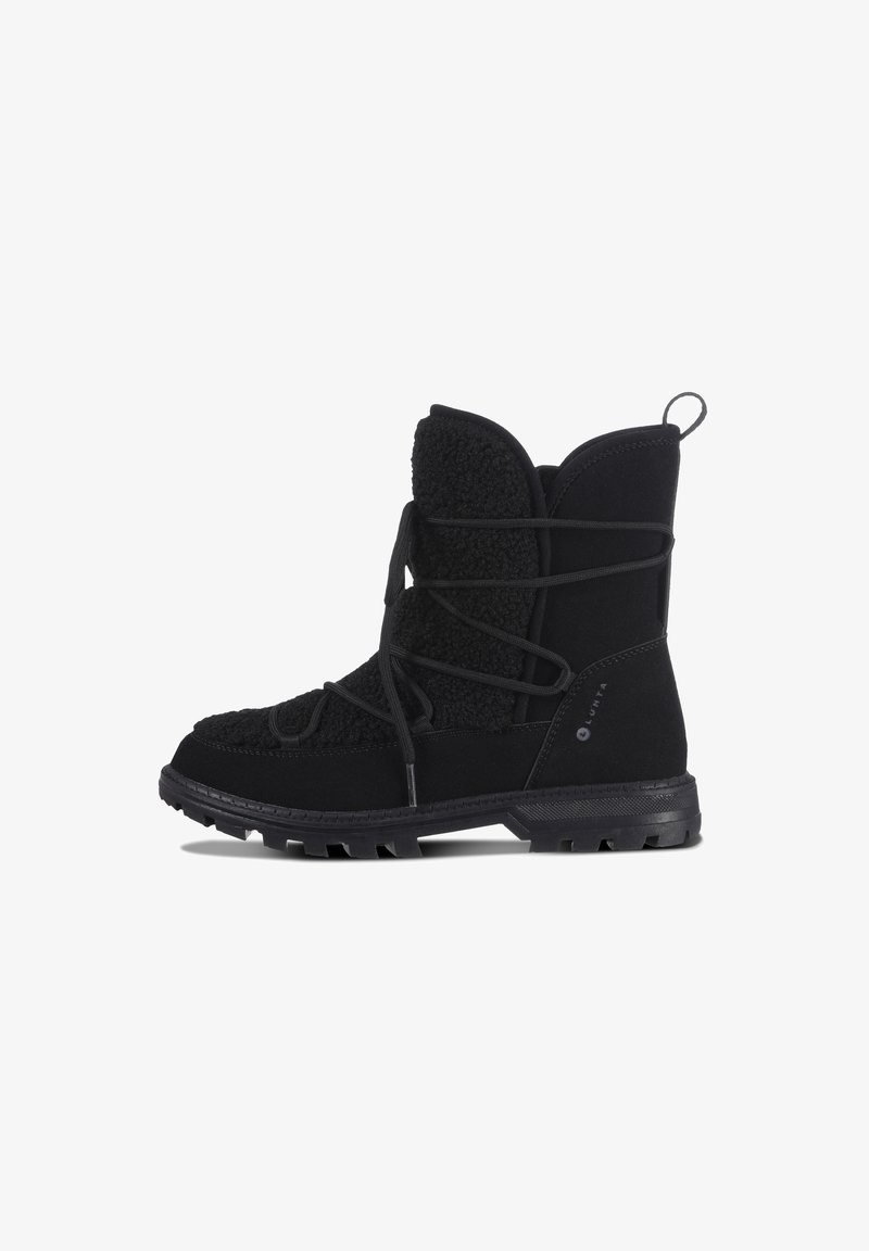 Black ankle boots featuring a textured upper with soft fabric accents. Rope laces and a rugged rubber sole enhance traction and durability.