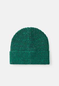 Roheline kudumisega beanie müts, mis omab soonikraega äärt ja tekstuurset viimistlust. Müts on valmistatud villasegust, millel on erinevate värvide täpid.