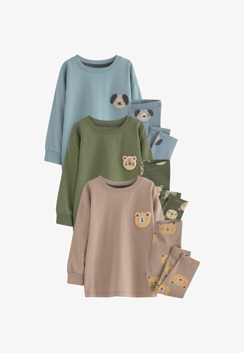 Kolme pikema varrukaga särki sinise, rohelise ja beeži värviga, millel on loomade tikandid taskutel, ning sobivaid legginsit loomade mustriga. Puuvillane kangas.