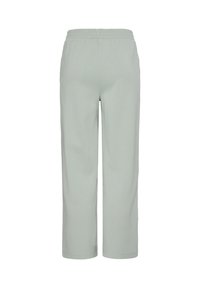 Világoszöld, elasztikus derékpántos, egyenes szárú nadrág hátulnézetből, sima, puha anyagból, zsebek nélkül.