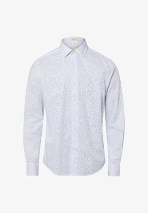 White long-sleeve button-up shirt with small blue dot pattern, classic collar, and buttoned cuffs.