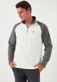 Fleece pullover med kvart-zip lukning. Hvid krop med grå ærmer og detaljer. Har et lille logo på brystet og en blød tekstur.