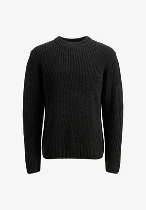 Pletena crna majica s rebrastom teksturom, okruglim izrezom i dugim rukavima. Tkanina izgleda debeo i topao, prikladna za hladnije vrijeme.