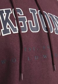 Burgunderfarbener Hoodie mit weißem und marineblauem Grafikdruck, ausgestattet mit einer Kapuze mit Kordelzug, einem weichen Stofftextur und gerippten Akzenten an den Bündchen und dem Saum.