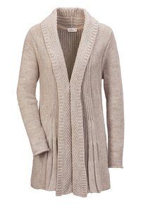 Beige gestrickte Strickjacke mit einem strukturierten Schalkragen, offenem Vorderteil und langen Ärmeln. Mit gerippten Akzenten und Seitentaschen.