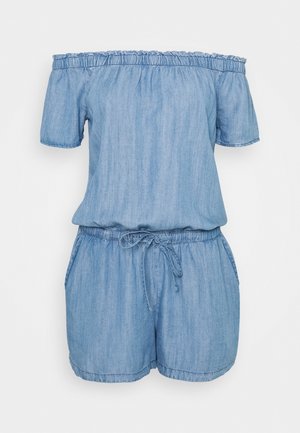 Blauer Jeansstoff-Overall mit schulterfreiem Schnitt, kurzen Ärmeln, elastischem Taillenbund und Kordelzugdetails. Glatte Textur und lockere Passform.