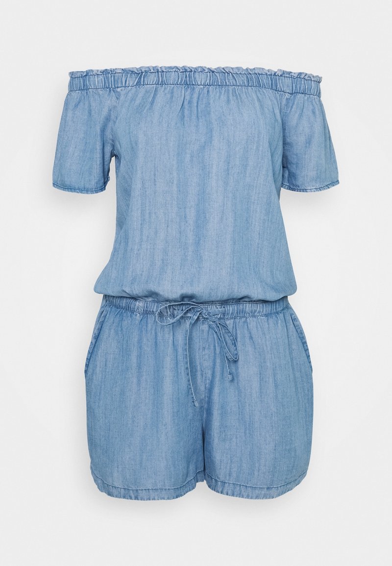 Combinaison en denim bleu, sans manches, avec des manches courtes, taille élastique et détail de cordon de serrage. Texture lisse et coupe décontractée.