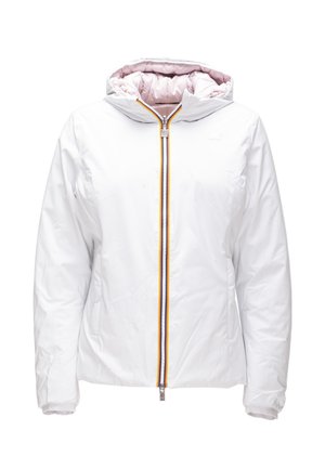 Giacca imbottita bianca con cappuccio, caratterizzata da una zip frontale con bordi a strisce gialle, blu e viola e una fodera interna rosa.