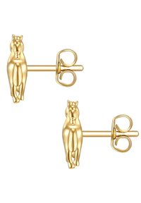 Auksinės arklio formos stud auskarai su poliruotu paviršiumi, turintys užfiksavimo smeigtuką ir dekoratyvų kilpelės detalę ant kiekvieno auskaro.
