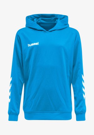 Blue hoodie made of lightweight fabric, featuring a front pocket, drawstring hood, and white logo with diagonal stripes on sleeves.