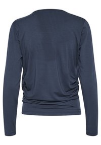 Marinblå långärmad topp med en avslappnad passform. Har samlade detaljer på sidorna, en rundad halsringning och en slät, mjuk textur.