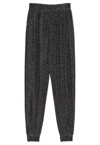 Czarne, teksturowane spodnie dresowe z elastycznym paskiem w talii i mankietami. Wykonane z lekkiego, błyszczącego materiału o subtelnej poświacie.