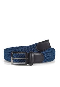 Ceinture tissée bleue avec des accents en cuir noir, dotée d'une boucle en métal. Le design comprend un motif de tresse texturée pour plus de flexibilité.