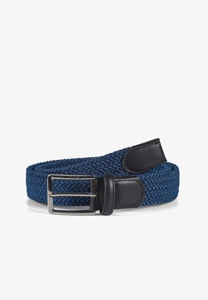 Woven blue belt with black leather accents, featuring a metal buckle. The design includes a textured braid pattern for flexibility.