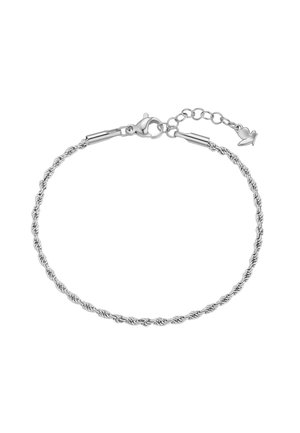 Pulsera de cadena tipo cuerda retorcida en tono plateado con cierre de langosta y extensión ajustable con un pequeño colgante en forma de hoja.