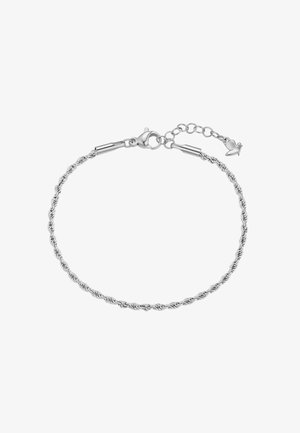 Pulsera de cadena tipo cuerda retorcida en tono plateado con cierre de langosta y extensión ajustable con un pequeño colgante en forma de hoja.