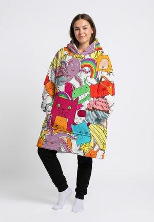 Värviline üle suurusega tunkede-tüüpi dressipluus, millel on joonistatud loomade, toidu ja vikerkaarte multifilmikujundused. Valmistatud pehmest kangast ja varustatud kängurutaskuga.