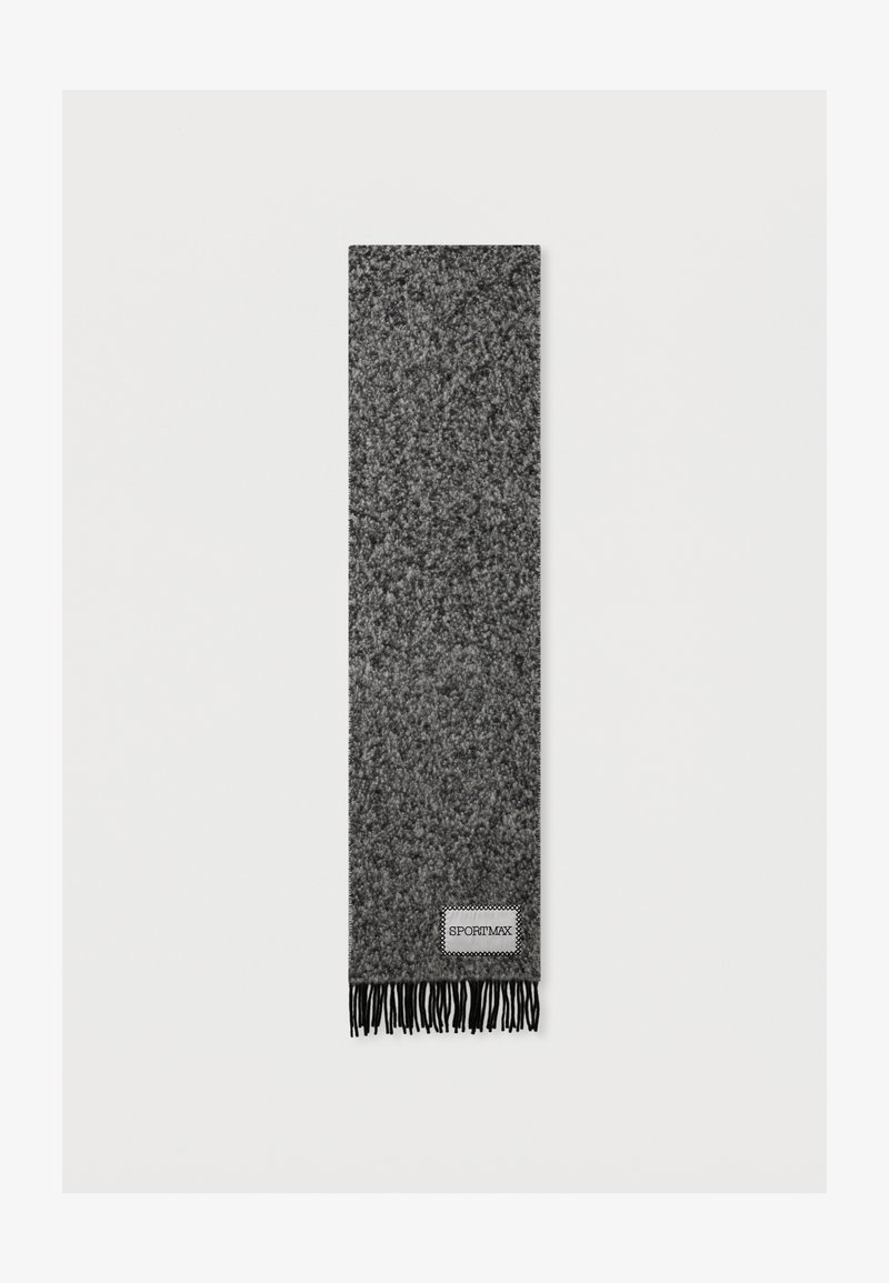 Cachecol cinza feito de um tecido texturizado, com extremidades franzidas e uma pequena etiqueta branca com "SPORTMAX" em letras pretas.
