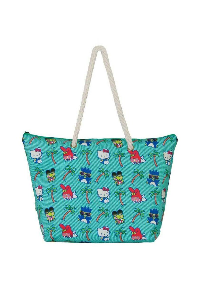 Bolso de tote con un fondo azul verdoso, que presenta un patrón repetido de animales de dibujos animados, palmeras y colores vibrantes. Con asas de cuerda.