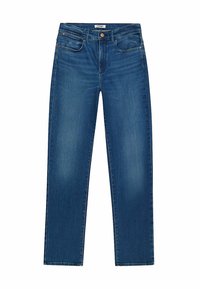 Jeans de denim azul oscuro con un diseño de pierna recta, cinco bolsillos, un cierre de botón y detalles de desvanecimiento claros en la parte delantera.