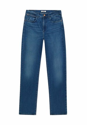 Dunkelblaue Jeans mit geradem Bein, fünf Taschen, Knopfverschluss und leichten Ausbleichungen auf der Vorderseite.