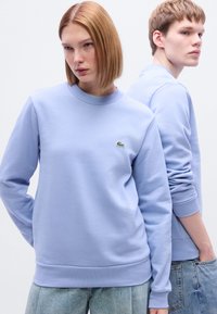 Ανοιχτό μπλε φούτερ από απαλό ύφασμα, με στρογγυλή λαιμόκοψη και ριμπ μανσέτες, με μικρό λογότυπο στο στήθος.