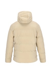 Bezs színű steppelt dzseki kapucnival, vízszintes steppelt mintázattal, cipzáros rögzítéssel és sima, puha anyaggal.