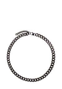 Metalen ketting met onderling verbonden schakels, afgewerkt met een donkere kleur en een haaksluiting. De vorm is cirkelvormig met een verstelbare lengte.