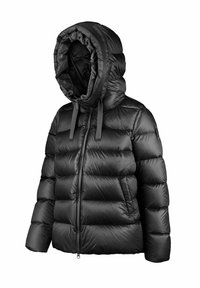 Doudoune noire avec matelassage horizontal, grande capuche avec cordons, fermeture éclair frontale et poches latérales.