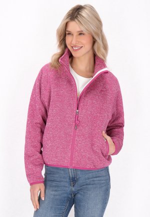 Giacca in pile in rosa melange con colletto alto, zip frontale e tasche laterali. Presenta un bordo a contrasto lungo il colletto e i polsini.
