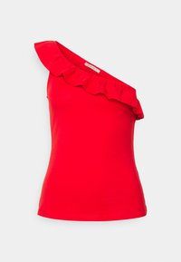 Top rojo de un solo hombro con escote con volantes. Hecho de una tela suave, presenta una silueta ajustada y un borde inferior limpio y rematado.