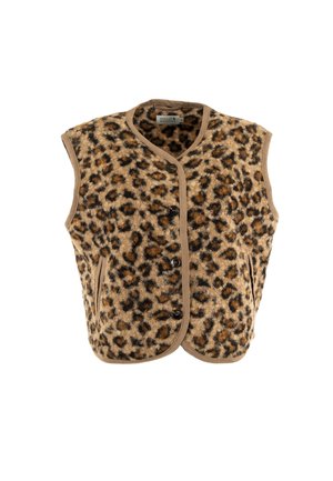 Gilet a stampa leopardata realizzato in tessuto morbido, con bordo color sabbia, scollatura tonda, chiusura frontale con bottoni e due tasche laterali.
