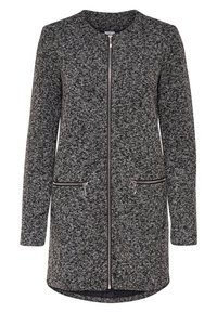 Cappotto in maglia grigio e nero, con zip frontale, due tasche con zip e scollo rotondo. Maniche lunghe con taglio dritto.