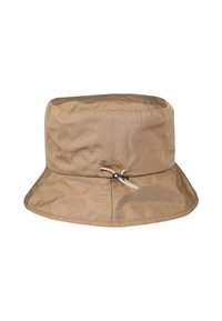 Bruine bucket hat van zacht, lichtgewicht stof. Heeft een gestructureerde bovenkant, brede rand en een trekkoordaccent met een kleine toggle.